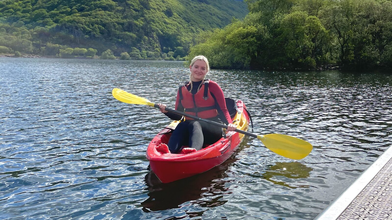 woman on lake in a kayak